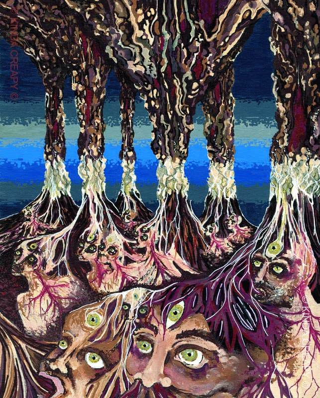 Paysage surréaliste avec des visages émergents dans une forêt mystique.