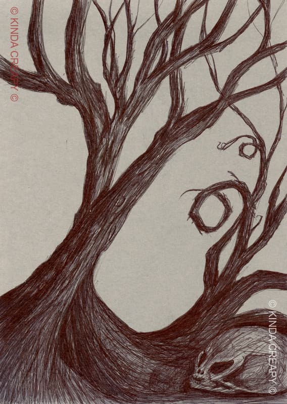 Arbre solitaire avec un animal caché à sa base, symbole de protection dans la forêt.