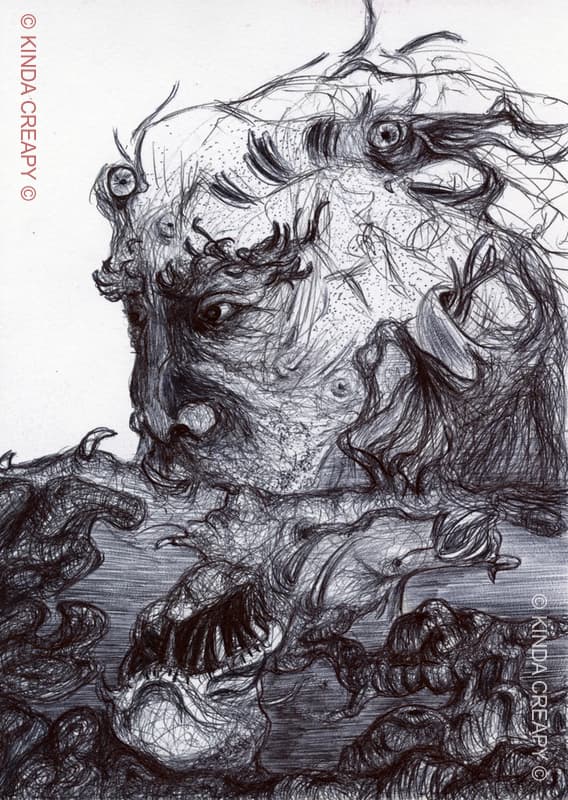 Visage émergeant des profondeurs, marqué par le temps.