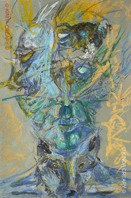 Métamorphose Sauvage - Techniques mixtes représentant la fusion de l'esprit humain avec celui du loup.