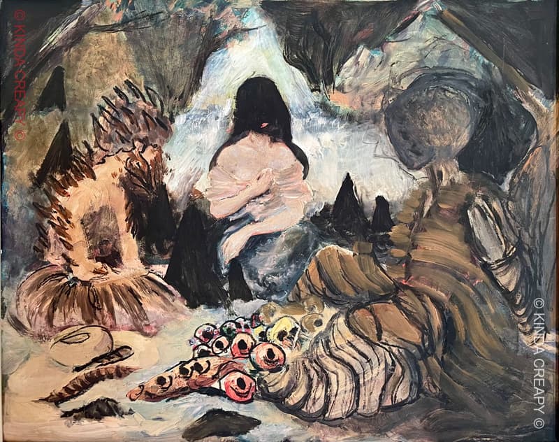 Banquet à la Madonne - Peinture détaillant une scène de chaos cosmique et d'étreinte surréaliste.