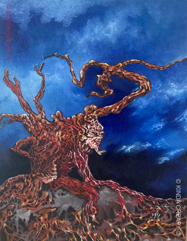 Arbre sorcier II - Peinture représentant un arbre dansant avec les étoiles dans un ciel cosmique.