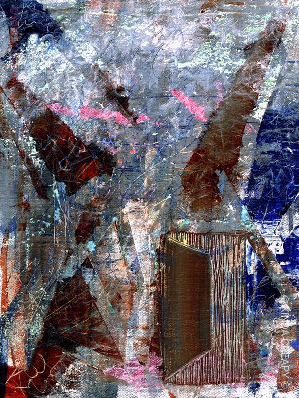 Cloison abstraite avec des textures métalliques et des couleurs superposées.