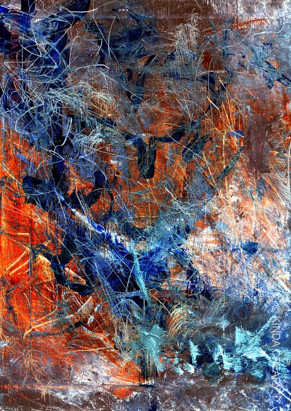 Lignes d'énergie orange et bleue entrelacées dans une composition complexe.