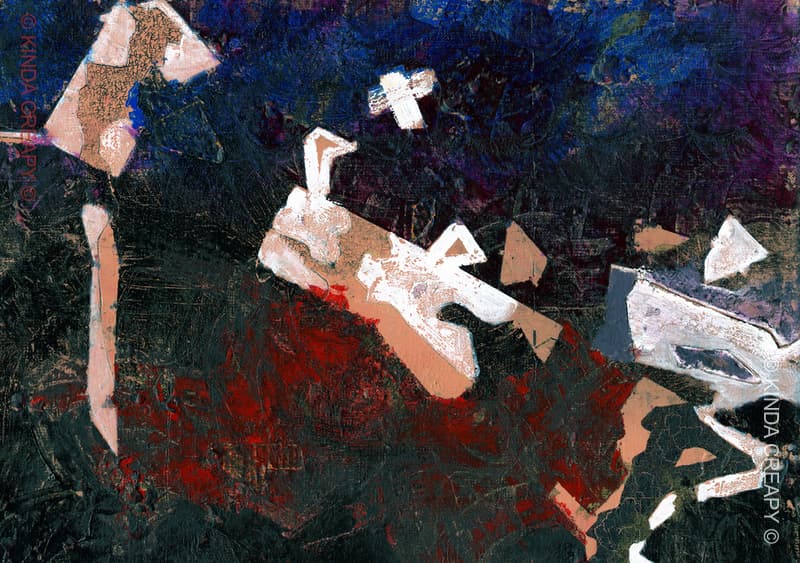 Formes corporelles abstraites se fragmentant dans un paysage sombre.